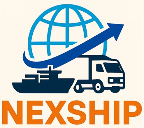 Nexship logo with globe, ship, and truck.
