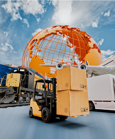 Global logistics with forklift and transportation vehicles.