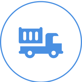 Blue dump truck icon in white circle.