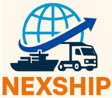 NEXSHIP logo with globe, ship, and truck.