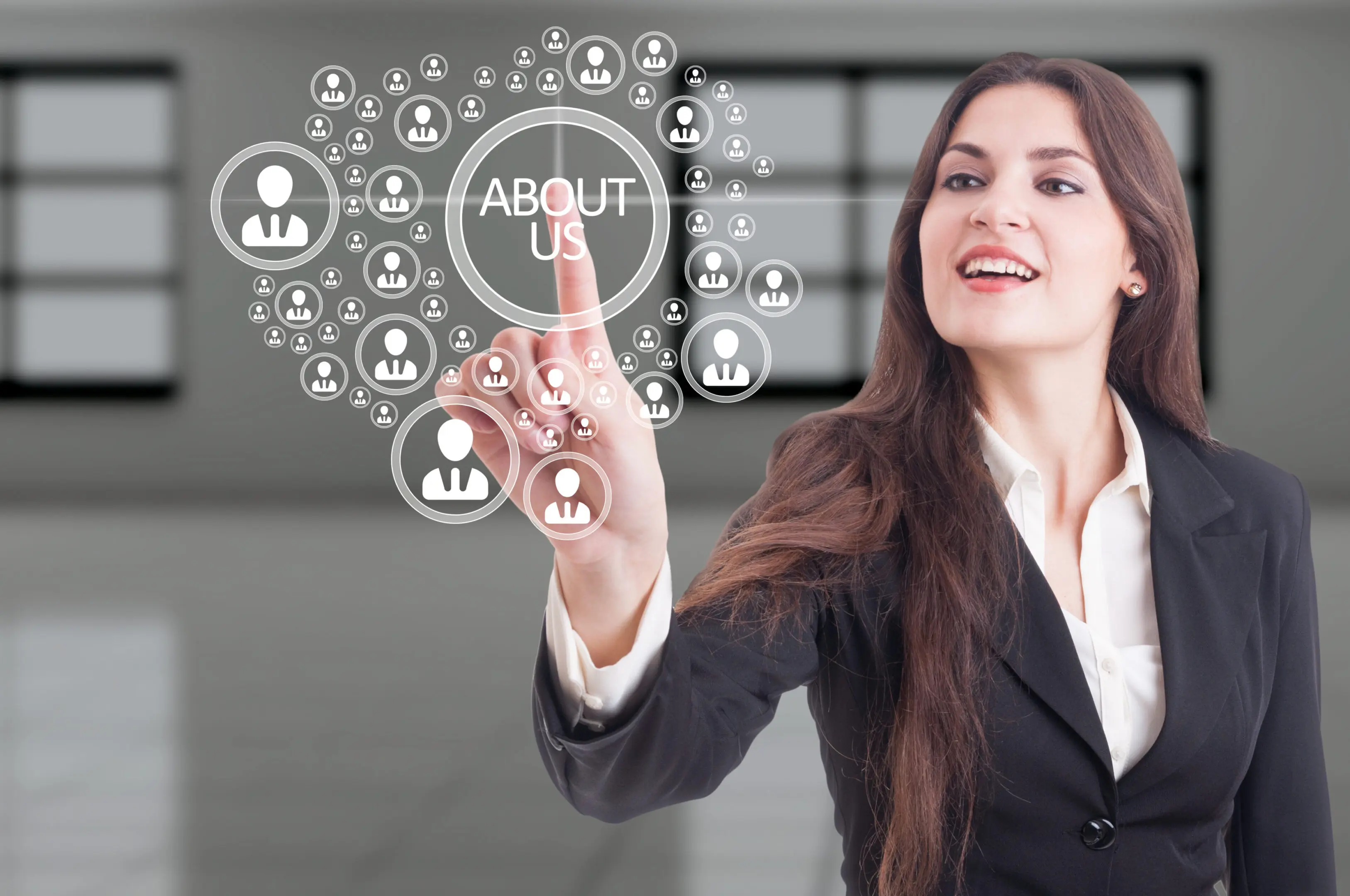 Futuristic about us concept on hi-tech touchscreen and business woman pressing button